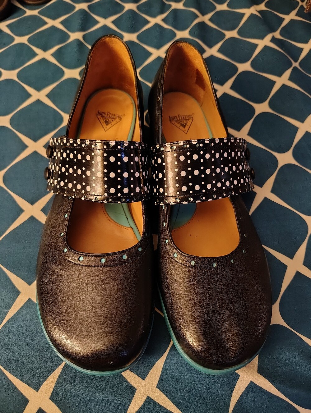 John Fluevog Cleo Fellowship Polka Dot Mary Jane Heels Black Blue - Size 12
